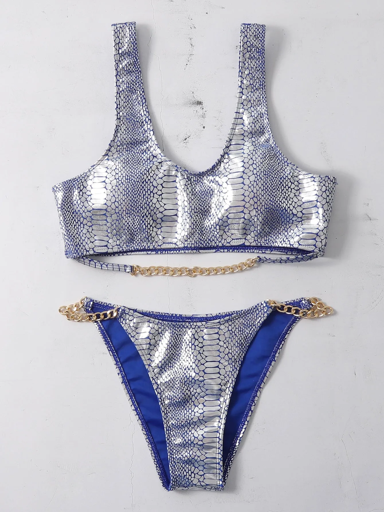 Sexy Snakeskin Print Chain Scoop Neck Women Bikini Sets