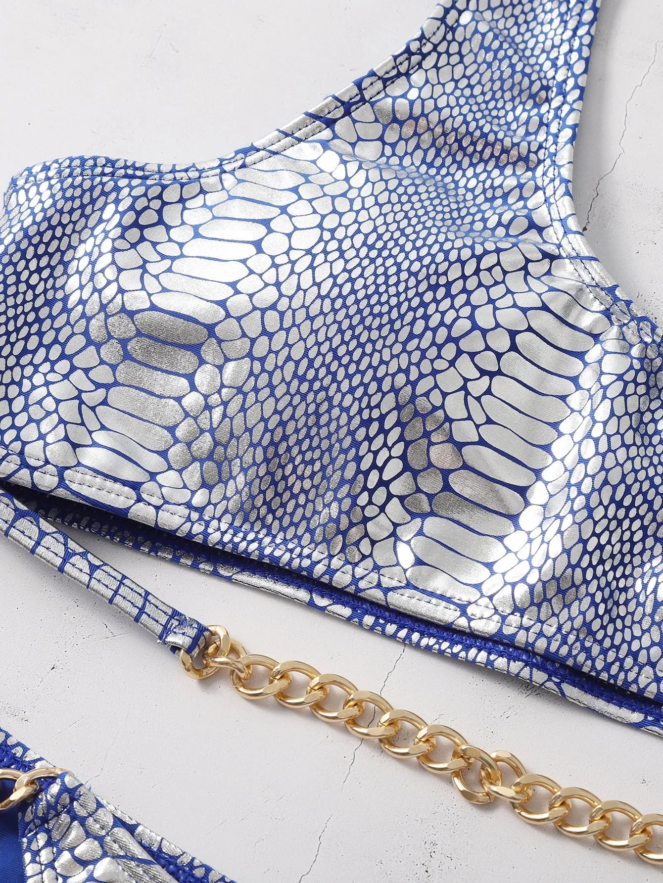 Sexy Snakeskin Print Chain Scoop Neck Women Bikini Sets