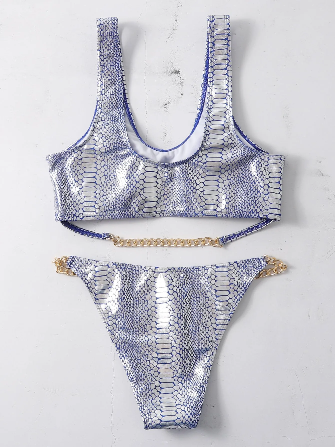 Sexy Snakeskin Print Chain Scoop Neck Women Bikini Sets