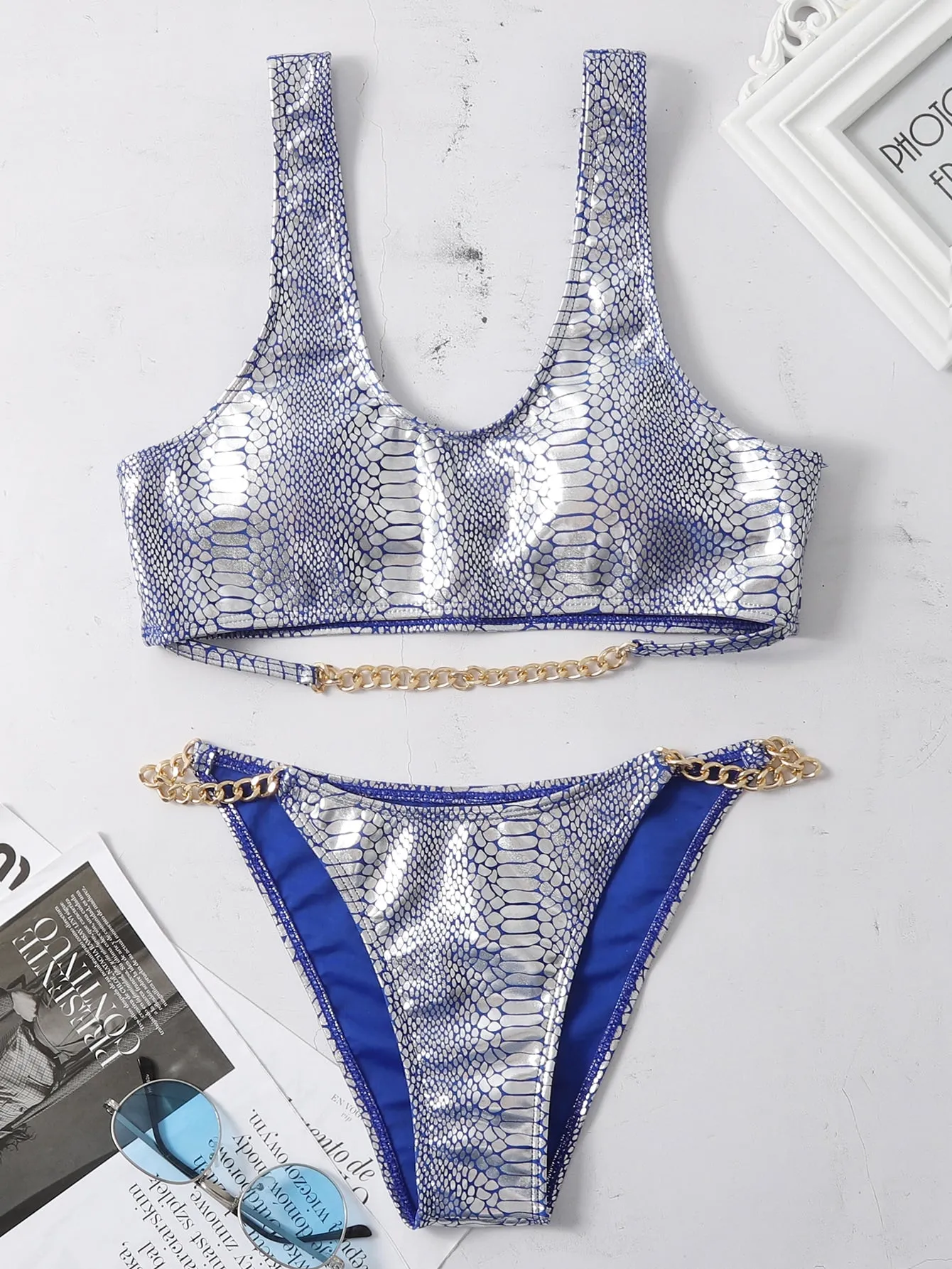 Sexy Snakeskin Print Chain Scoop Neck Women Bikini Sets