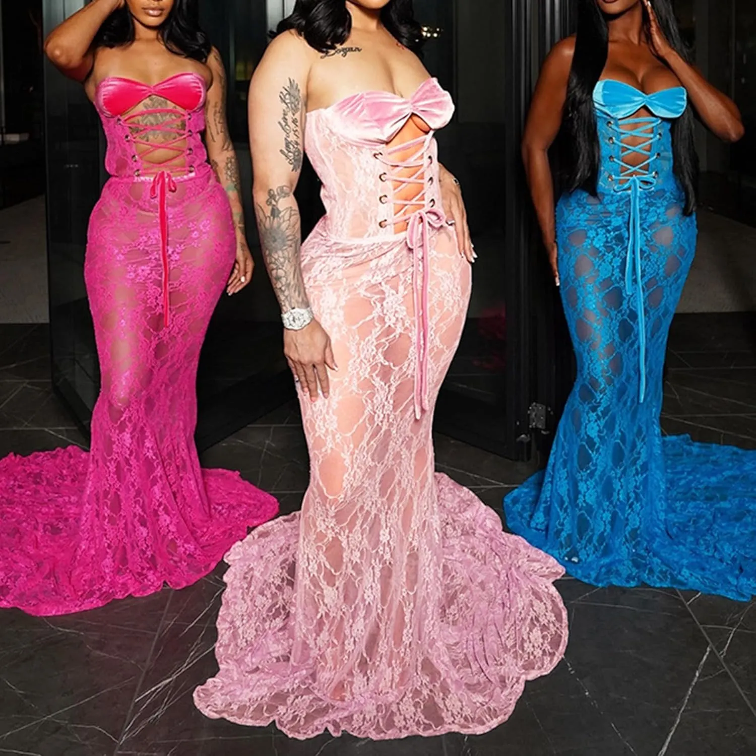 Sexy Strapless Lace Maxi Dress See Through Sleeveless Bodycon Tube Sheer Mermaid Dress Evening Party Gowns Dresses