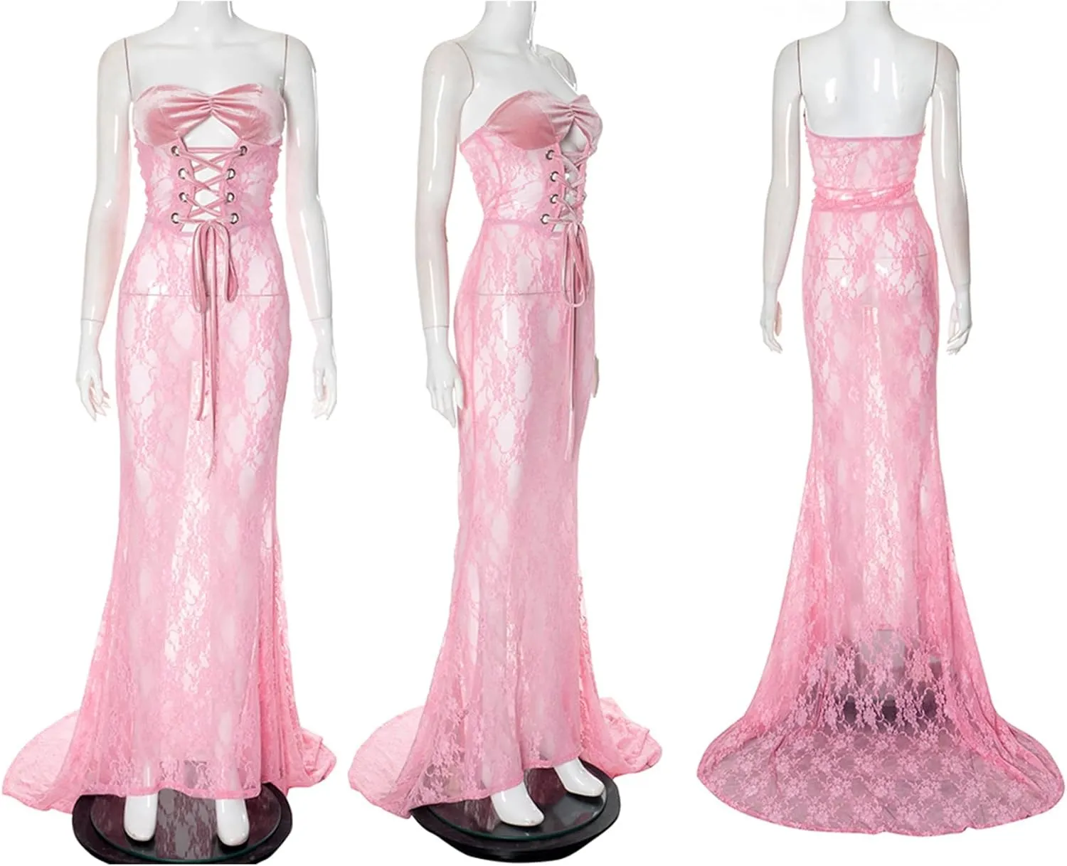 Sexy Strapless Lace Maxi Dress See Through Sleeveless Bodycon Tube Sheer Mermaid Dress Evening Party Gowns Dresses