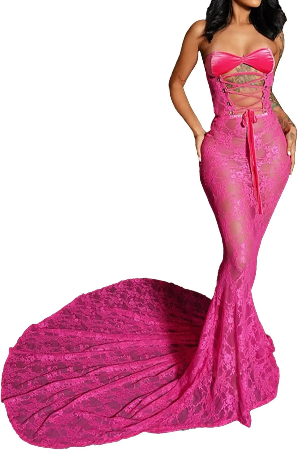 Sexy Strapless Lace Maxi Dress See Through Sleeveless Bodycon Tube Sheer Mermaid Dress Evening Party Gowns Dresses