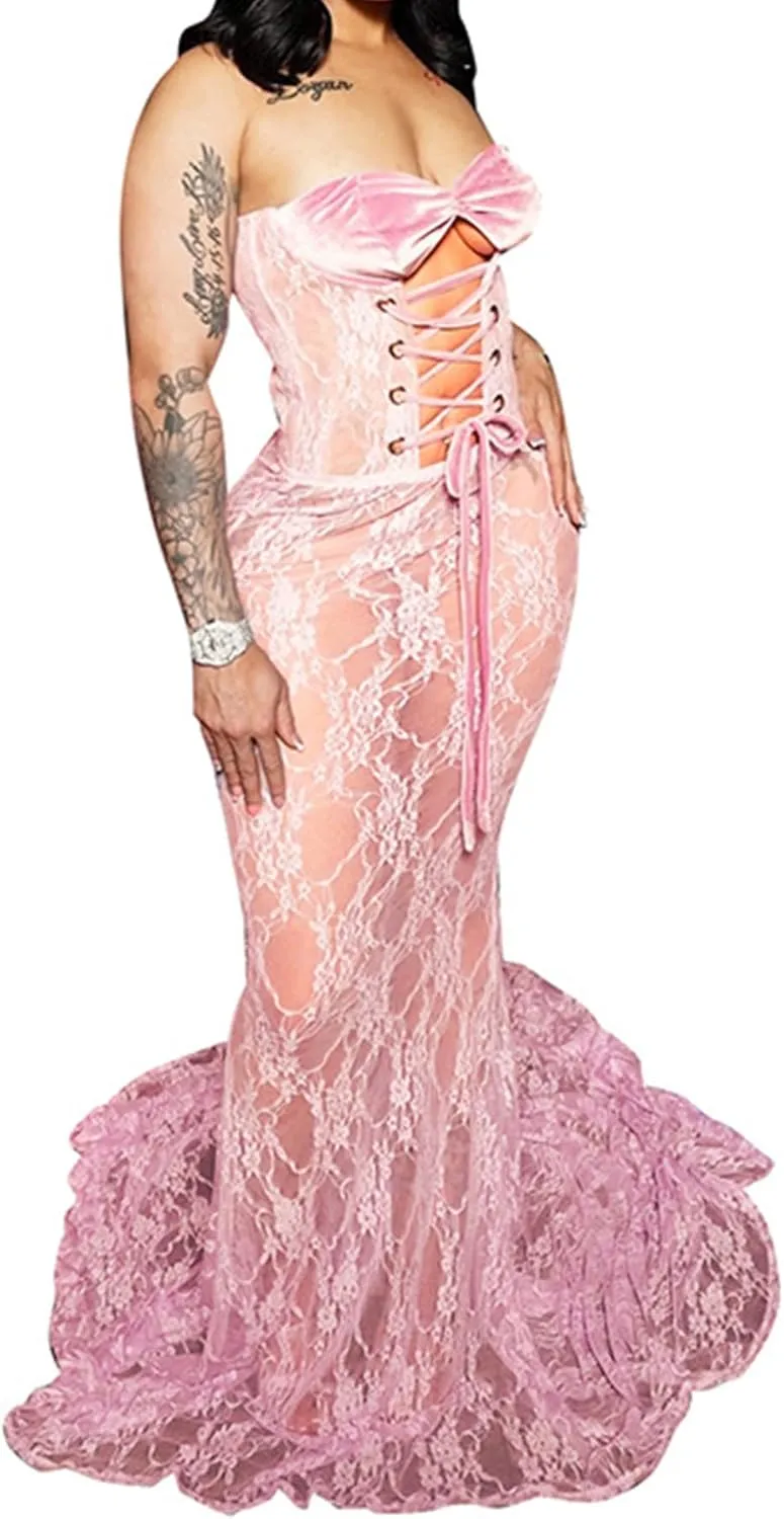 Sexy Strapless Lace Maxi Dress See Through Sleeveless Bodycon Tube Sheer Mermaid Dress Evening Party Gowns Dresses