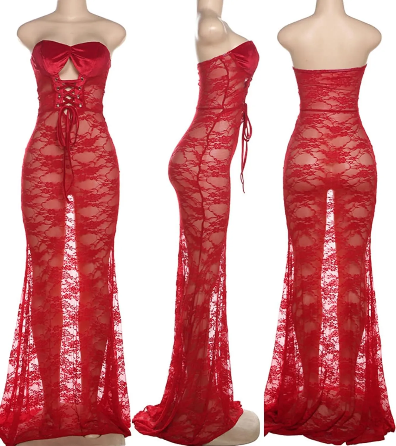 Sexy Strapless Lace Maxi Dress See Through Sleeveless Bodycon Tube Sheer Mermaid Dress Evening Party Gowns Dresses