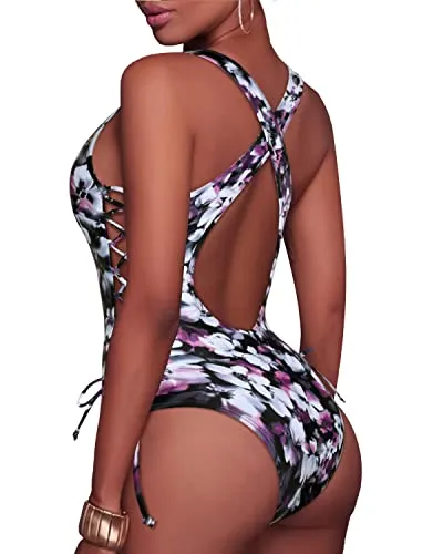 Sexy Strappy Cutout One Piece Swimsuits-Purple Floral