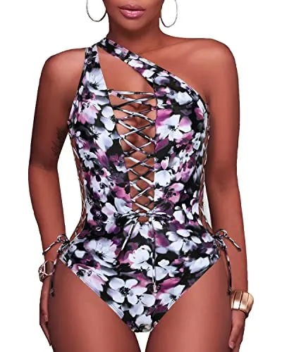 Sexy Strappy Cutout One Piece Swimsuits-Purple Floral