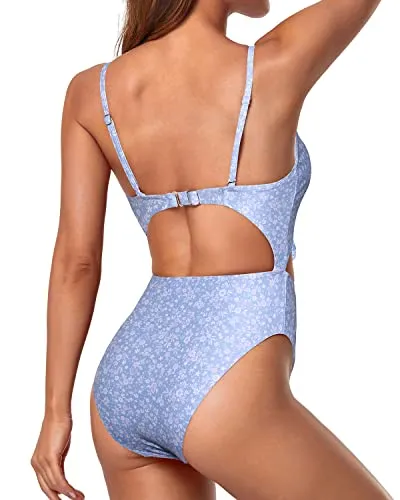 Sexy V Neck One Piece Swimsuits Sexy Monokini-Blue Floral