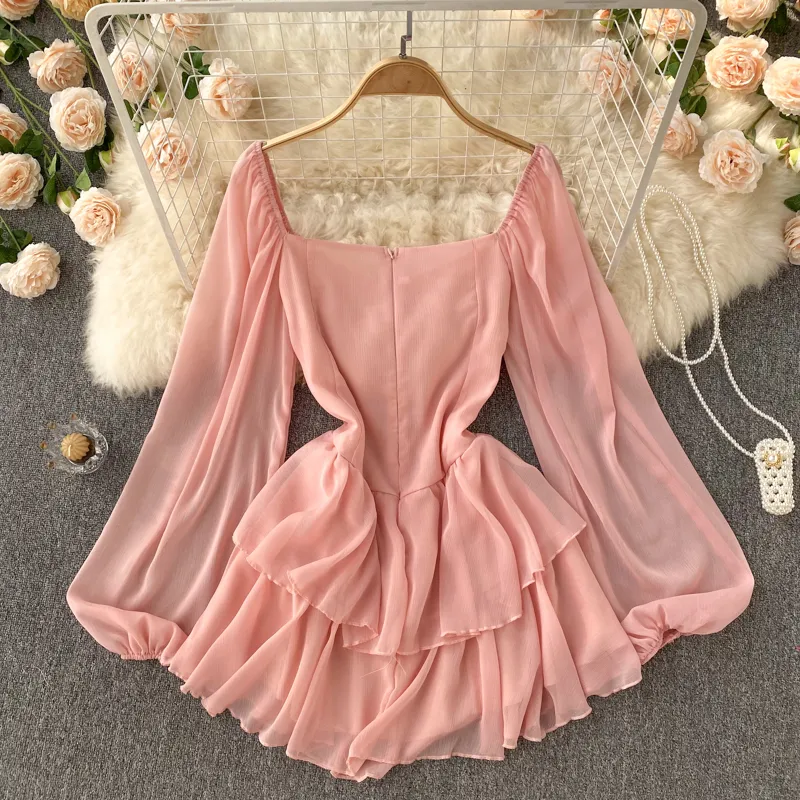 Sexy V Neck Puff Sleeve Chiffon Dress Long Sleeves Summer Dress 1148