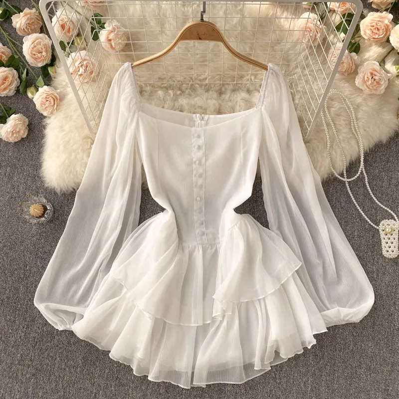 Sexy V Neck Puff Sleeve Chiffon Dress Long Sleeves Summer Dress 1148
