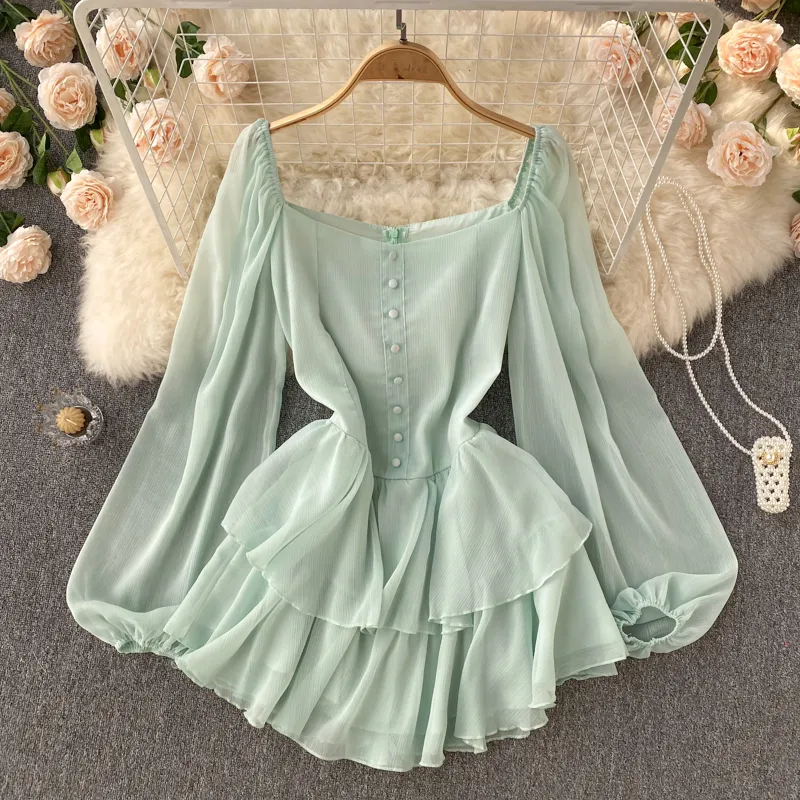 Sexy V Neck Puff Sleeve Chiffon Dress Long Sleeves Summer Dress 1148