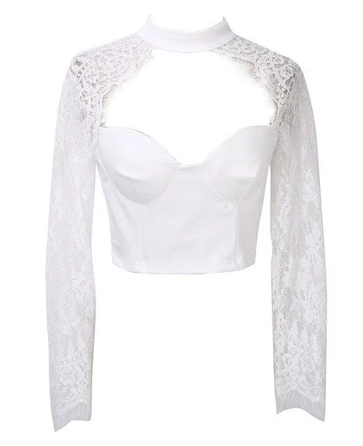 Sexy Women Tops 2019 Summer Hot Sale Fashion Lace Floral Patchwork Tops Long Sleeve Push Up Padded Bra T-Shirt Tops Slim Tops