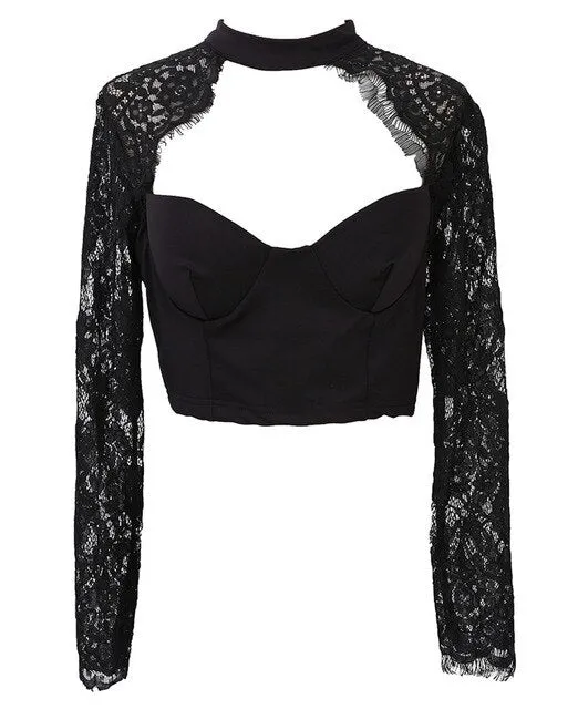 Sexy Women Tops 2019 Summer Hot Sale Fashion Lace Floral Patchwork Tops Long Sleeve Push Up Padded Bra T-Shirt Tops Slim Tops