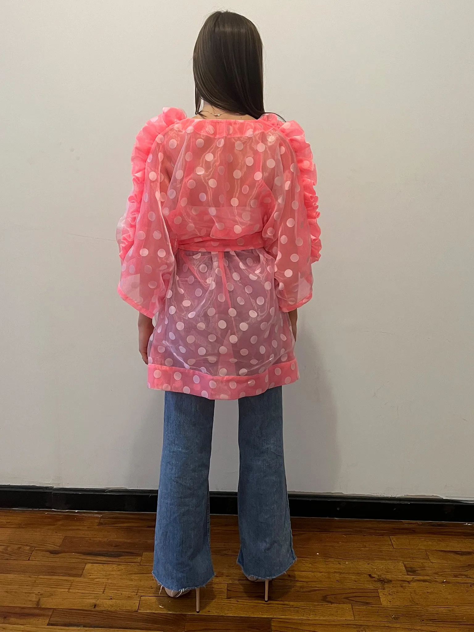 Sheer Ruffle Kimono Dress in Pink