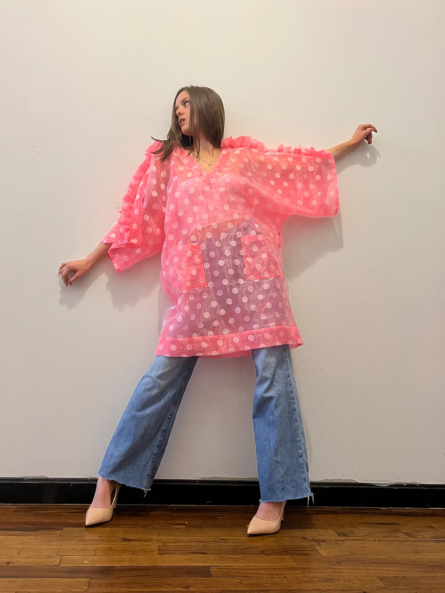Sheer Ruffle Kimono Dress in Pink