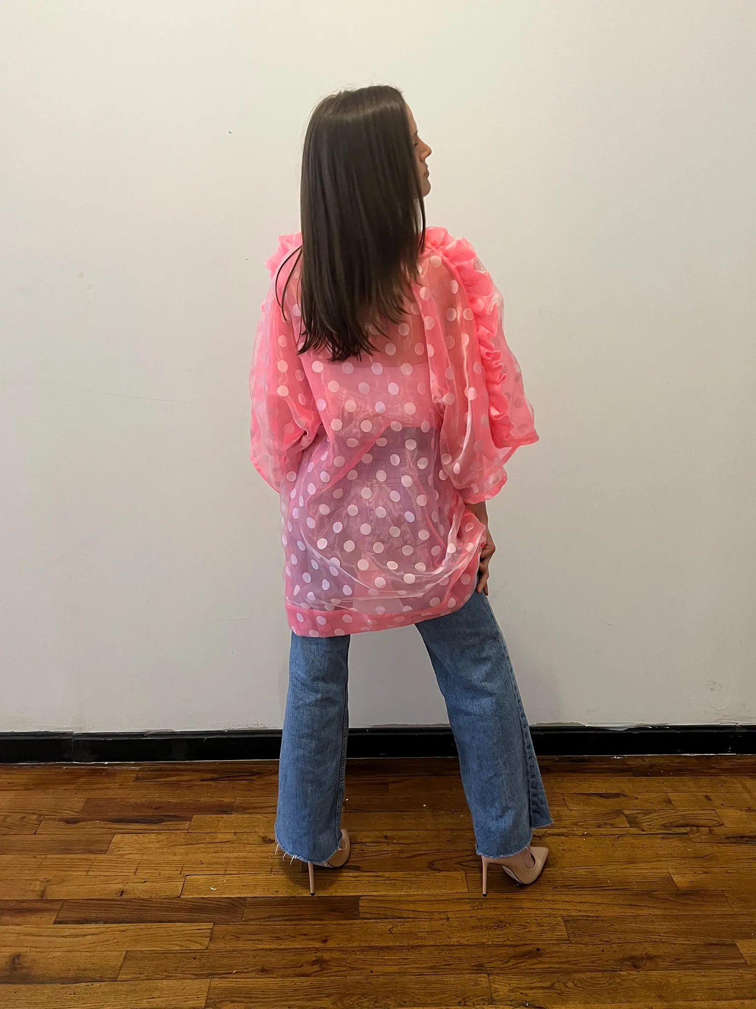 Sheer Ruffle Kimono Dress in Pink