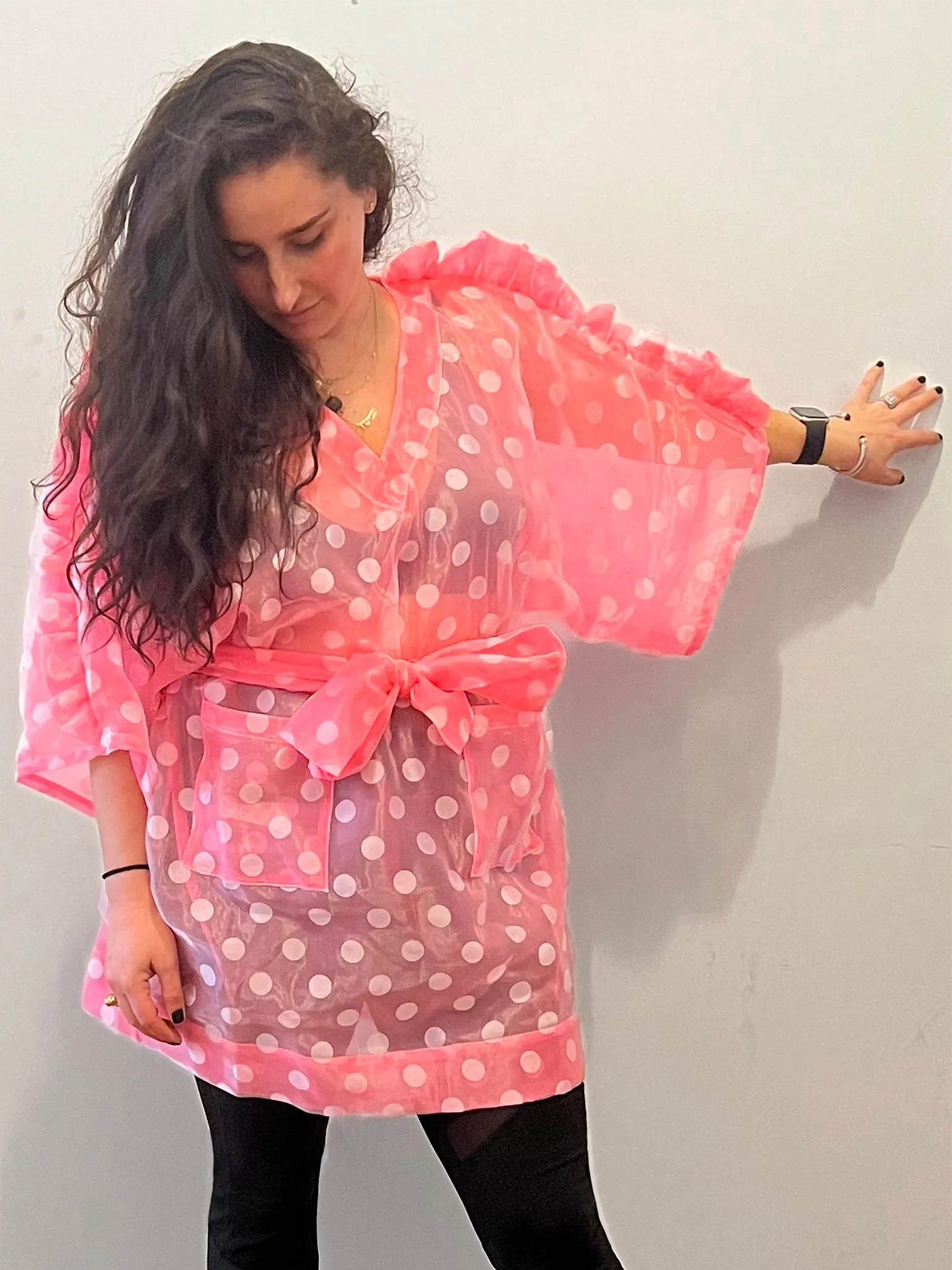 Sheer Ruffle Kimono Dress in Pink