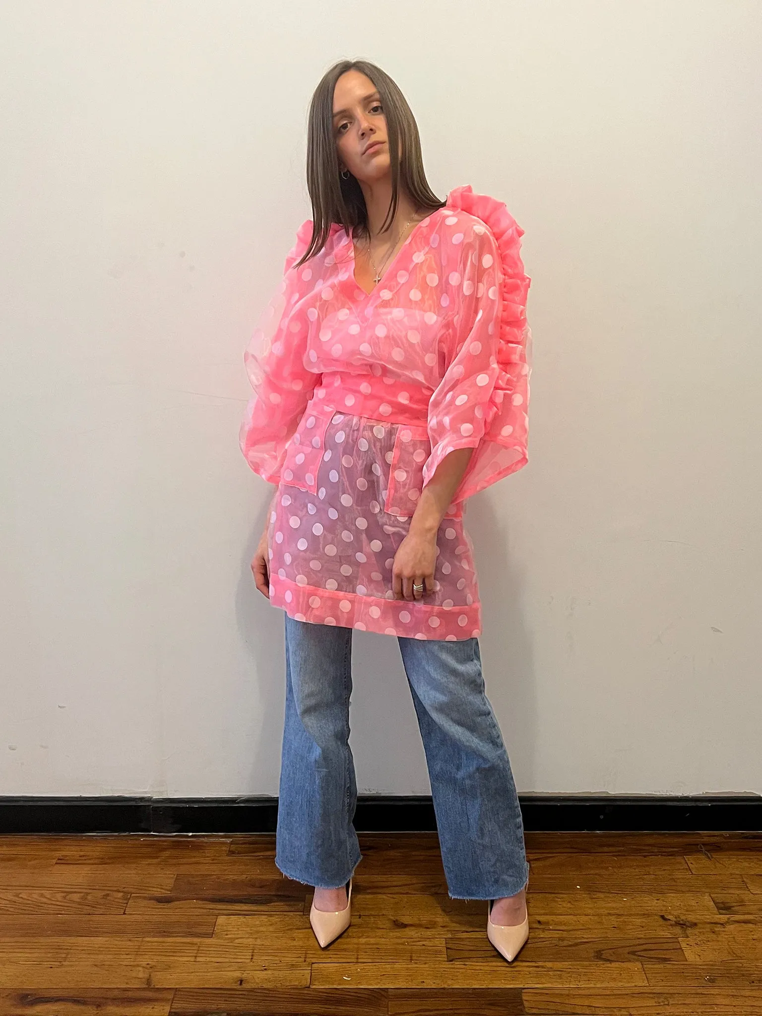 Sheer Ruffle Kimono Dress in Pink