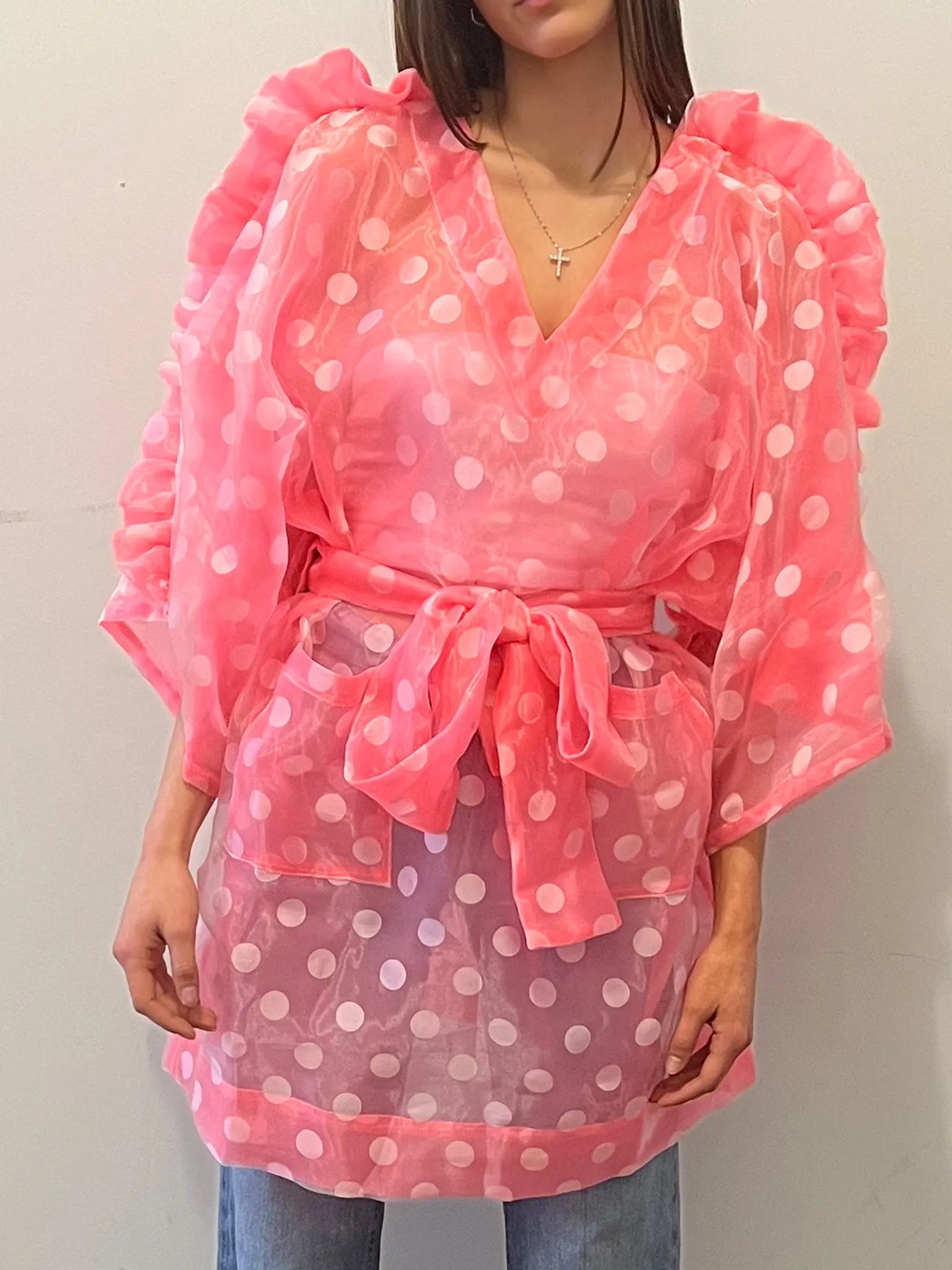 Sheer Ruffle Kimono Dress in Pink