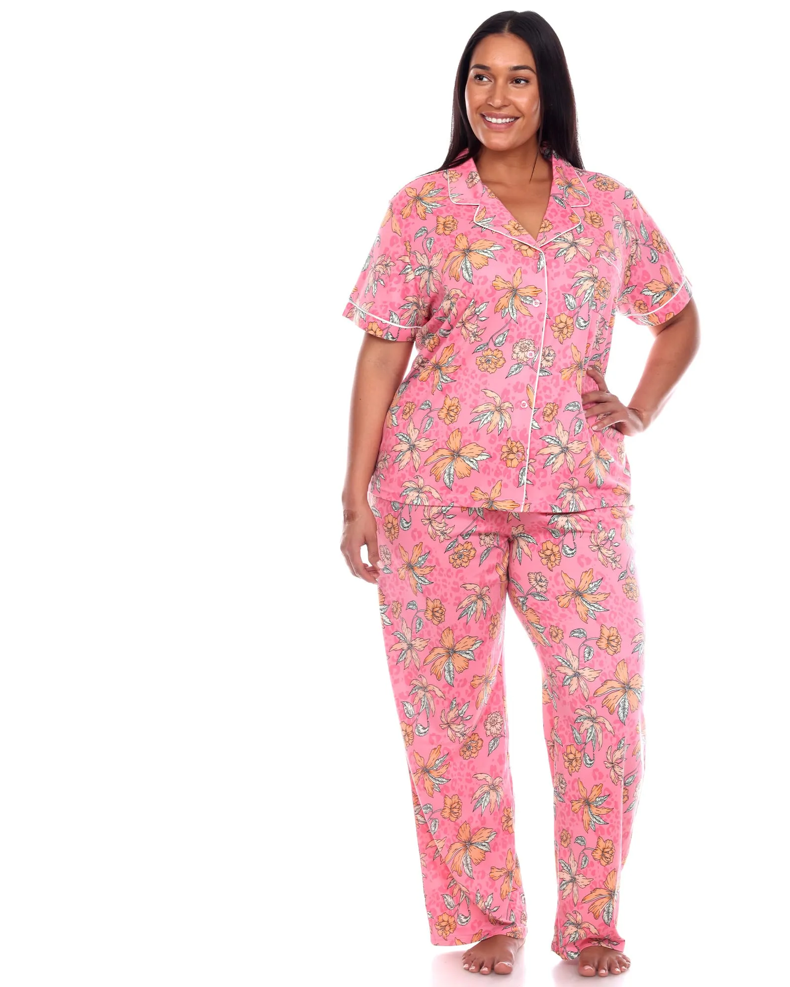 Short Sleeve & Pants Tropical Pajama Set | Pink/Orange