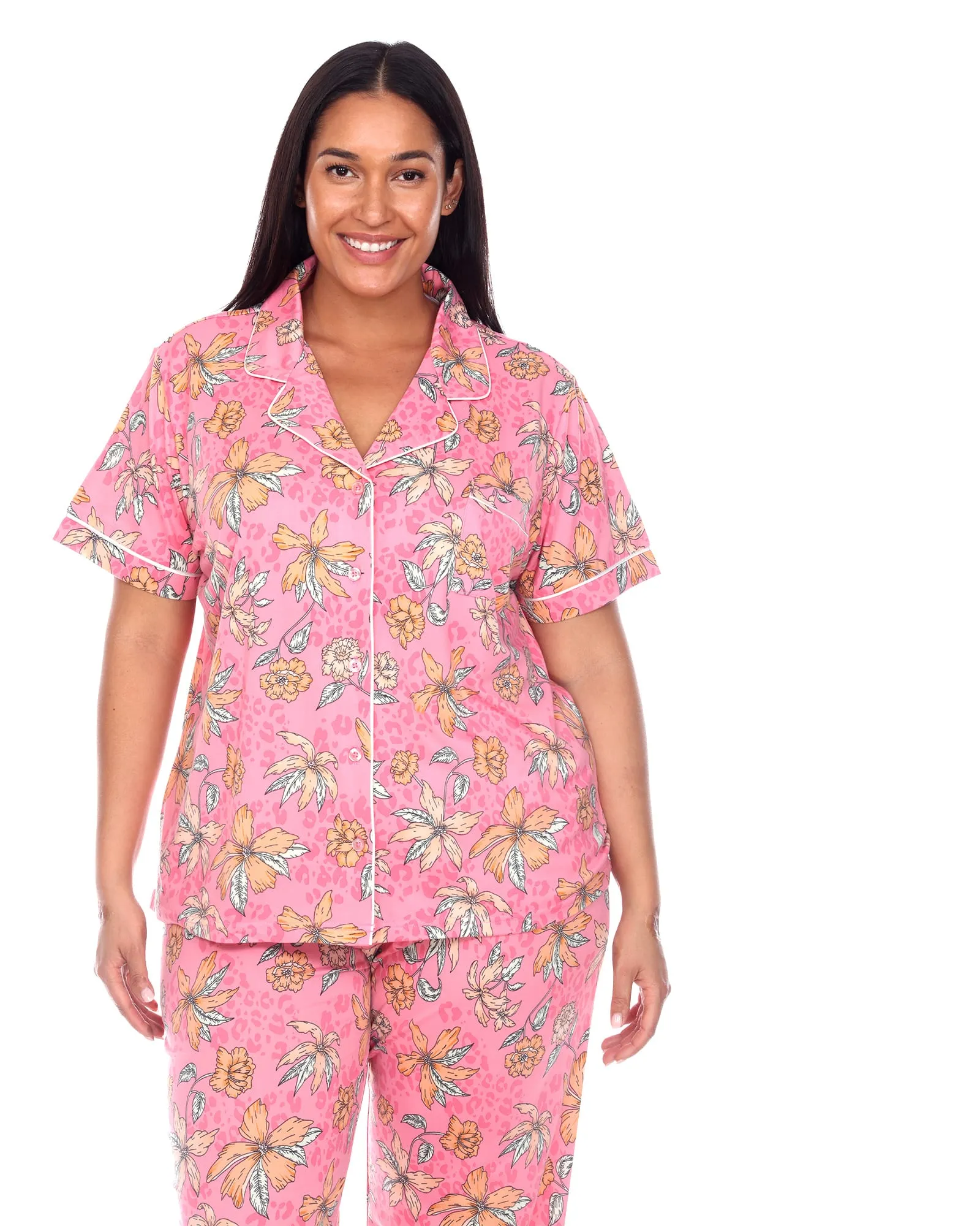 Short Sleeve & Pants Tropical Pajama Set | Pink/Orange