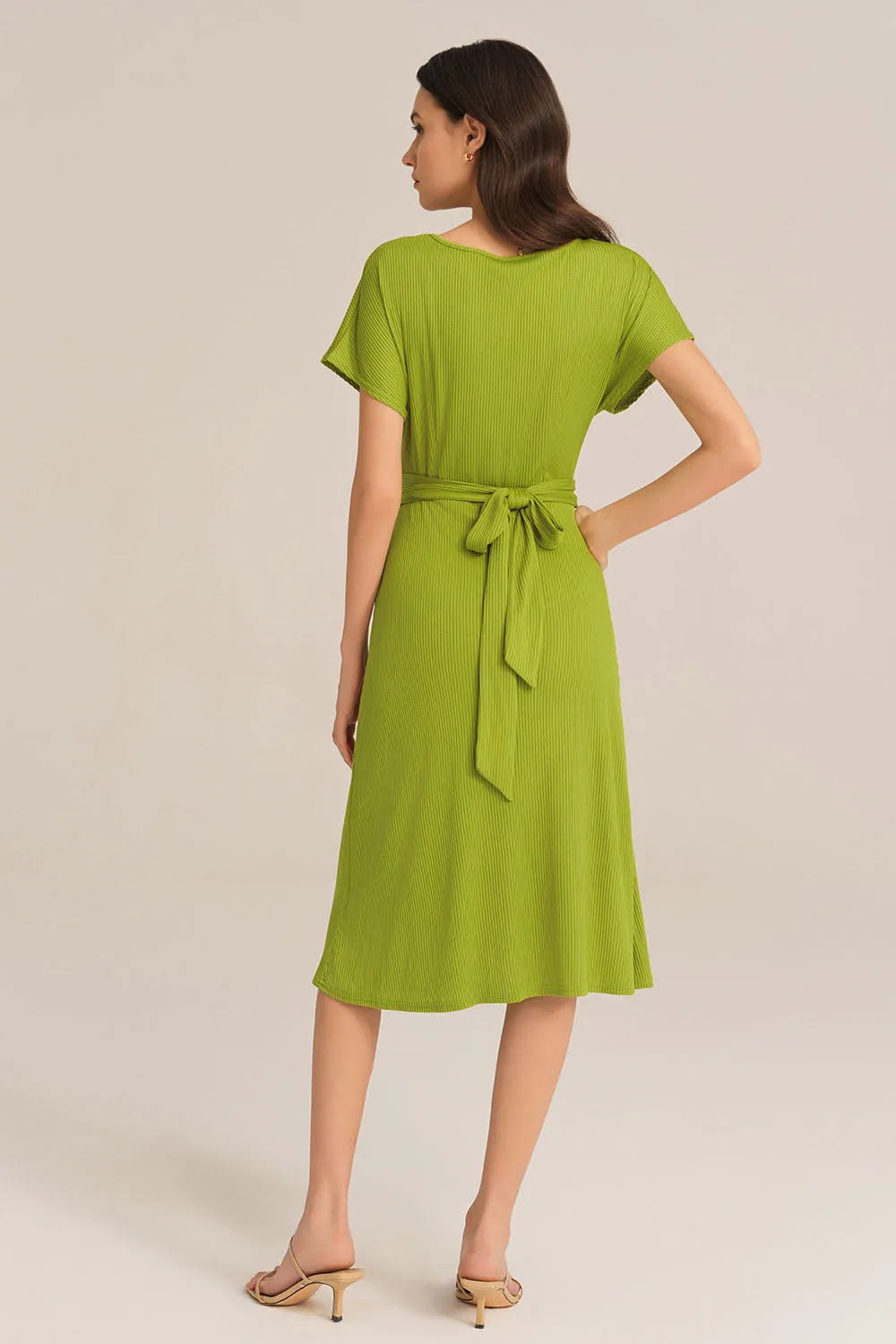 Short Sleeve Round Neck Belted A-Line Dress - Green