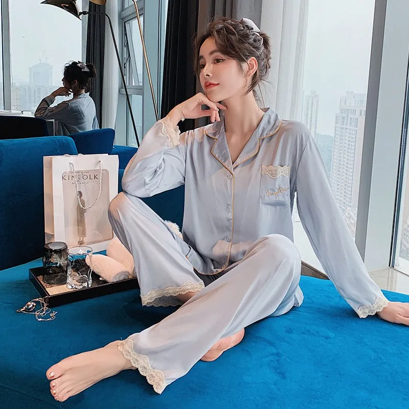Silk Lace Long Sleeve Pajamas