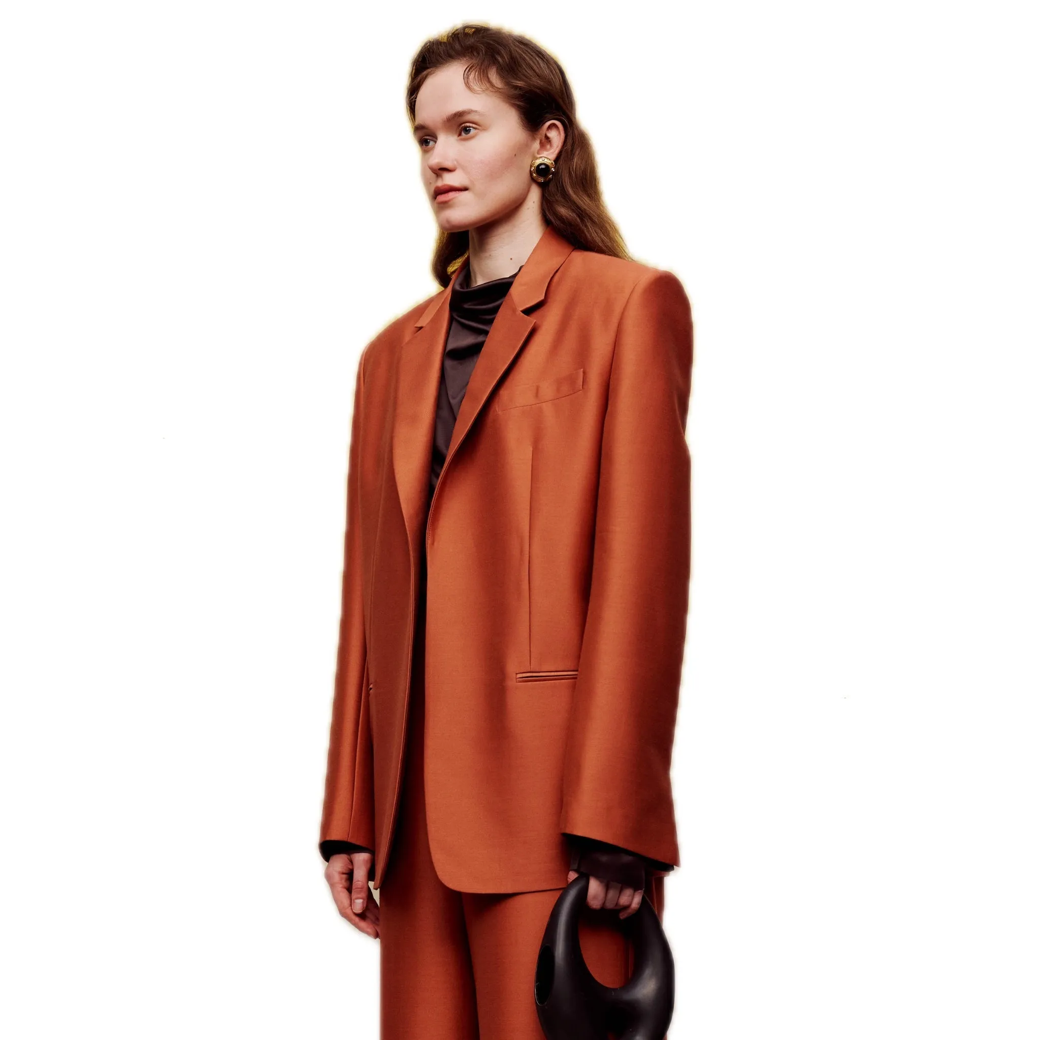 Silk Wool Long-sleeved Blazer in Orange(Belt)
