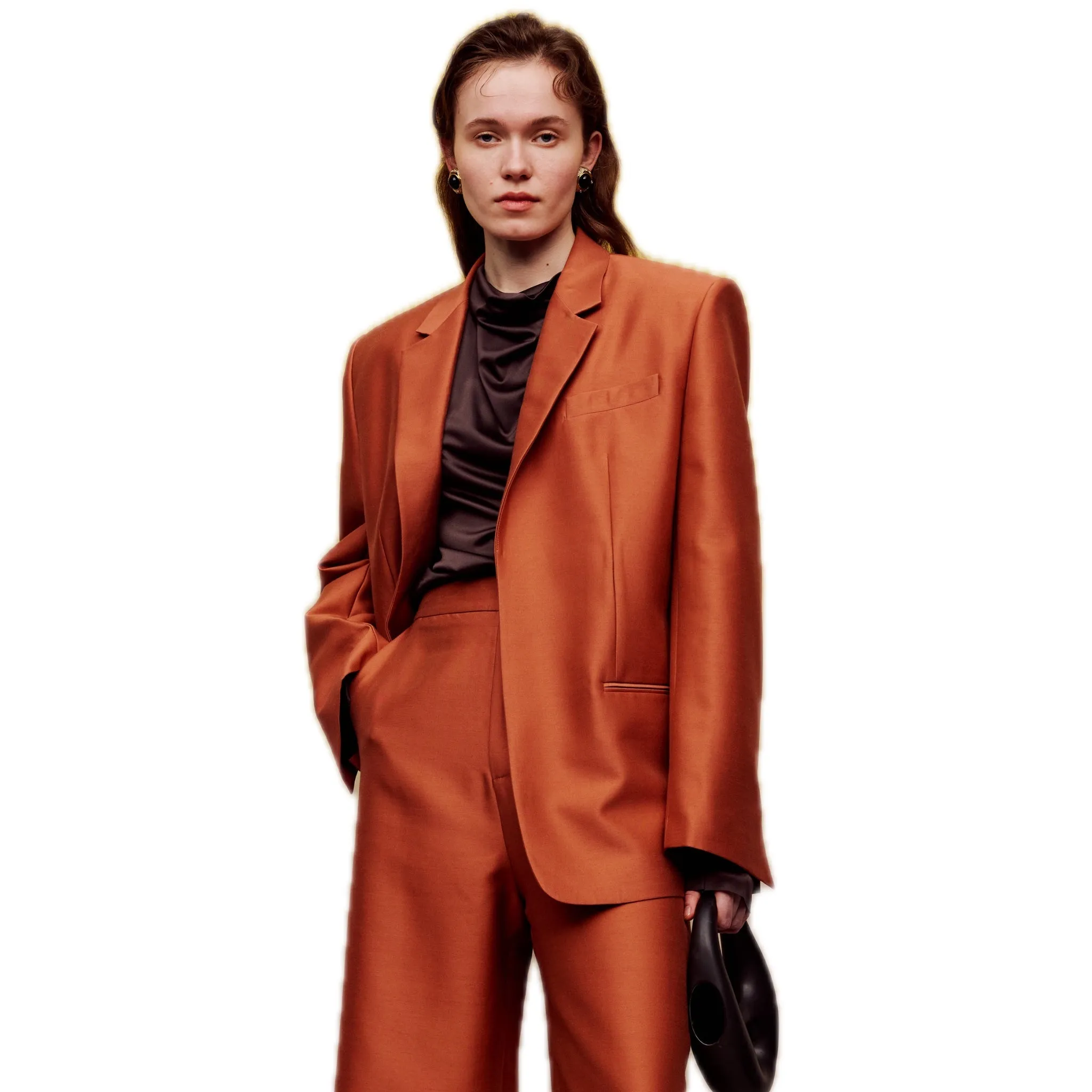 Silk Wool Long-sleeved Blazer in Orange(Belt)
