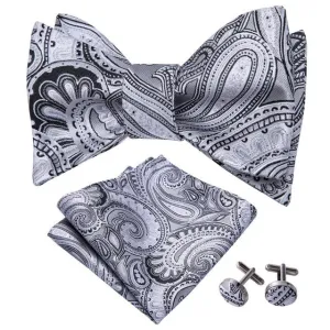 Silver & Black Paisley Matching Bowtie Set (3pc)