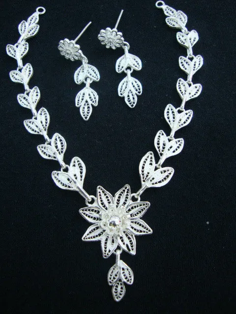 Silver Filigree Necklace Set Floral NS012