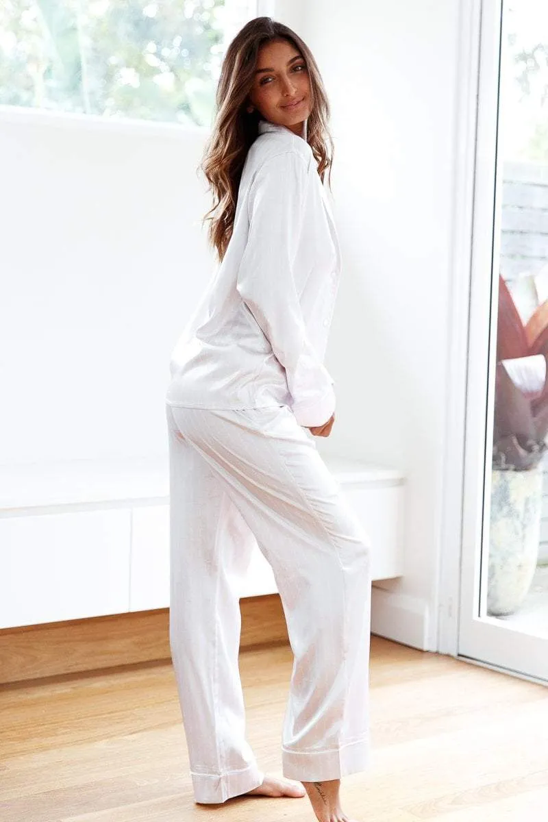 Silver Satin Logo Pinstripe Pajama Trouser Set