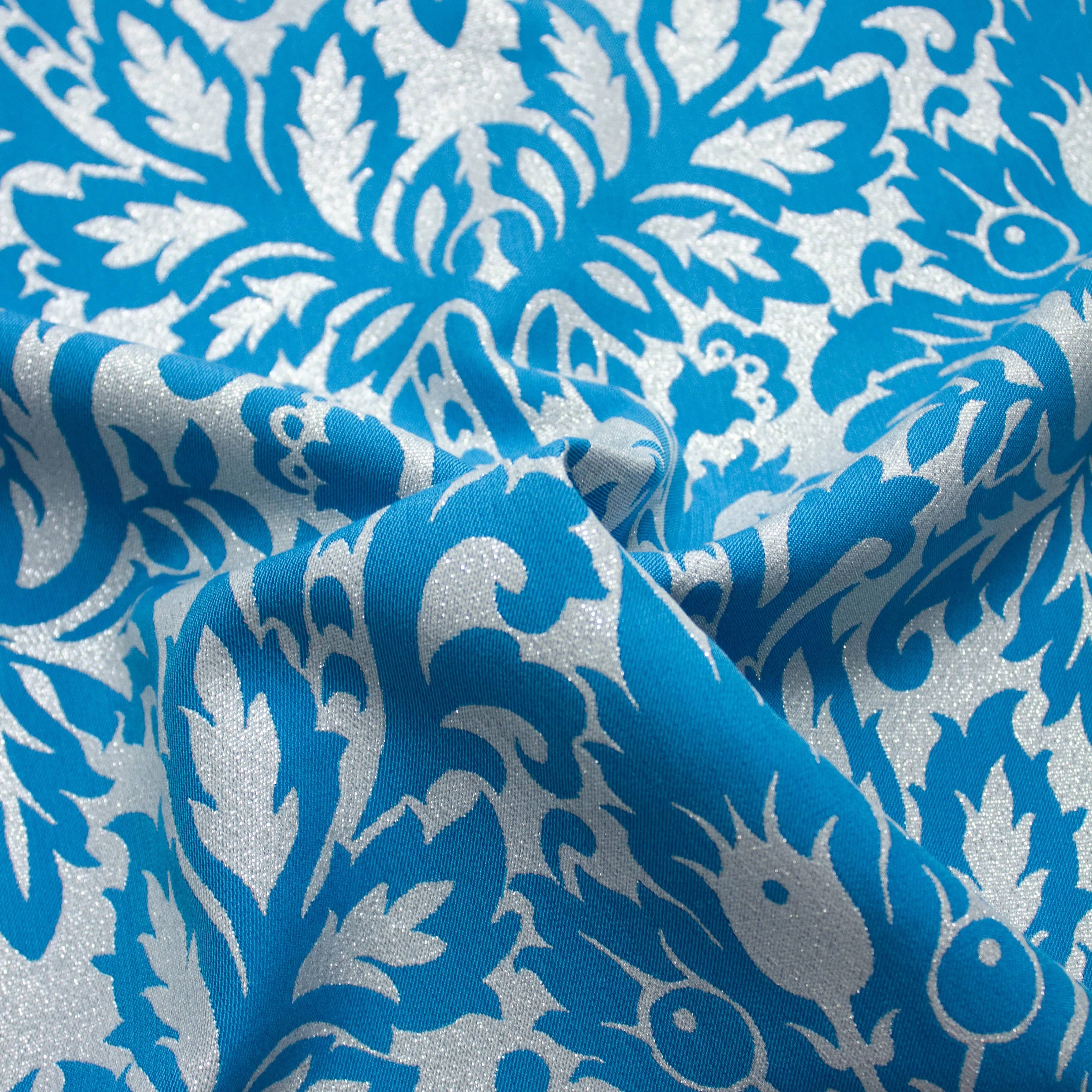Silya Blue & Silver Grey Floral Polyester Jacquard