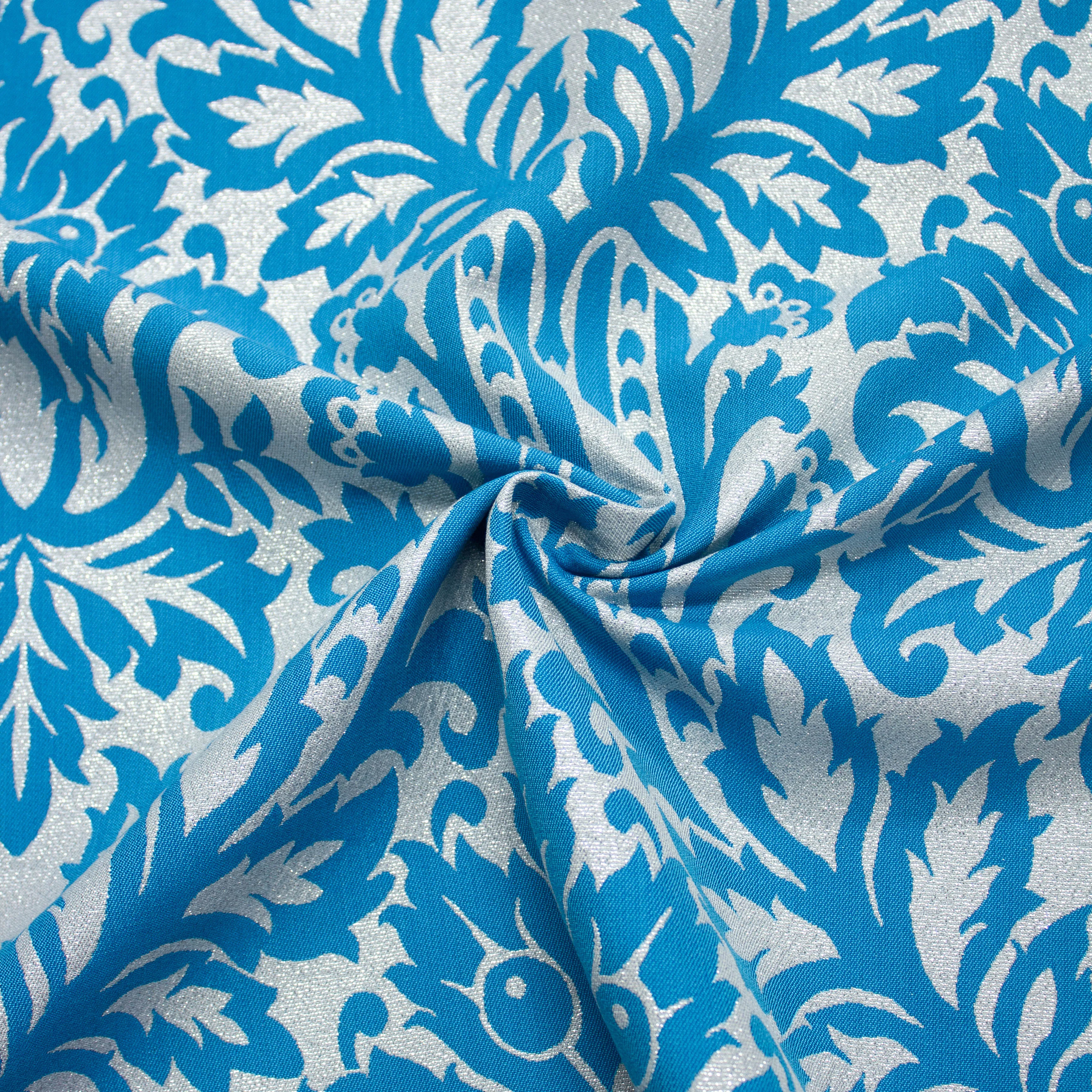 Silya Blue & Silver Grey Floral Polyester Jacquard