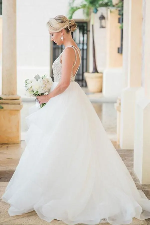 Simple A line Tulle Wedding Dresses, Cheap Long Prom Dress PFW0082