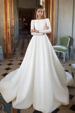 Simple Ivory Long Sleeves Satin A Line Wedding Dresses PFW0005