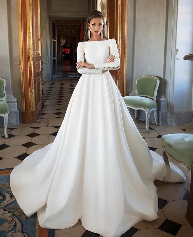 Simple Ivory Long Sleeves Satin A Line Wedding Dresses PFW0005