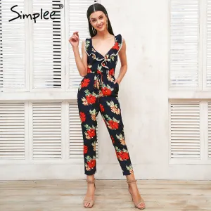 Simplee Cross v neck boho floral print jumpsuit Ruffle lace up sexy jumpsuit women Backless elegant summer playsuits female