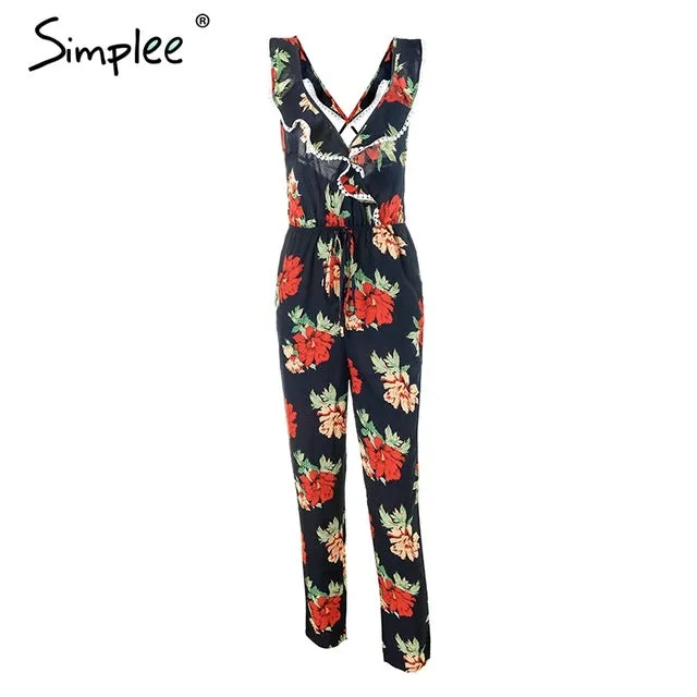 Simplee Cross v neck boho floral print jumpsuit Ruffle lace up sexy jumpsuit women Backless elegant summer playsuits female