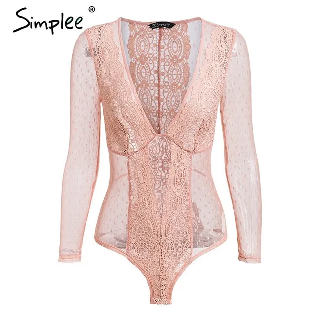 Simplee V neck skinny sexy lace bodysuit Mesh transparent white bodysuit women Long sleeve summer beach romper overalls 2018
