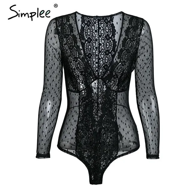 Simplee V neck skinny sexy lace bodysuit Mesh transparent white bodysuit women Long sleeve summer beach romper overalls 2018