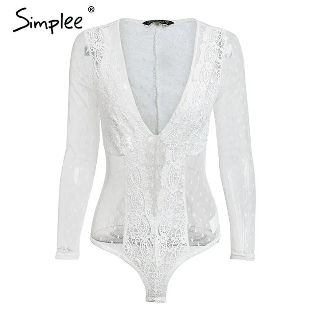 Simplee V neck skinny sexy lace bodysuit Mesh transparent white bodysuit women Long sleeve summer beach romper overalls 2018