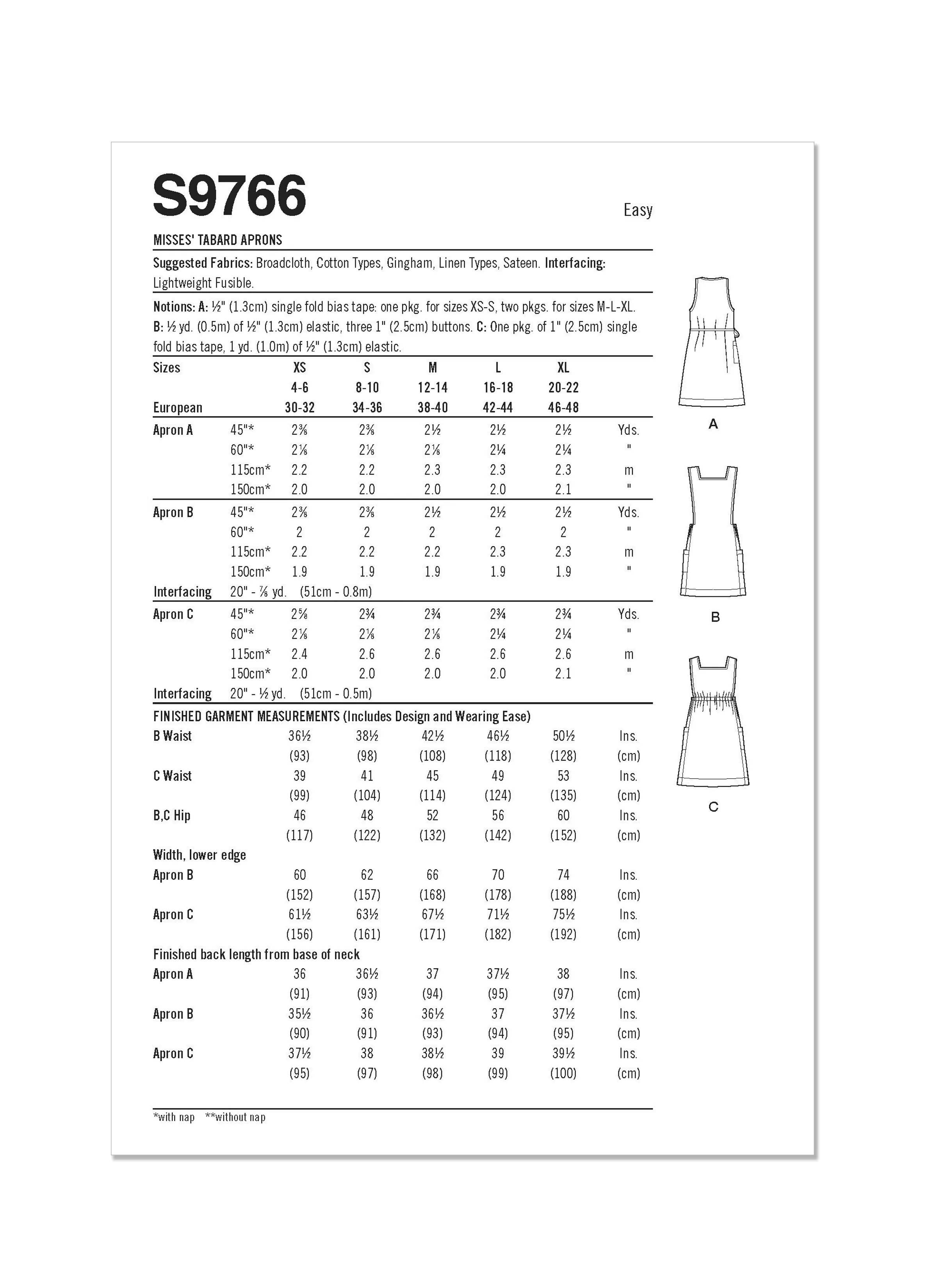 Simplicity 9766 sewing pattern Misses' Tabard Aprons by Elaine Heigl Designs