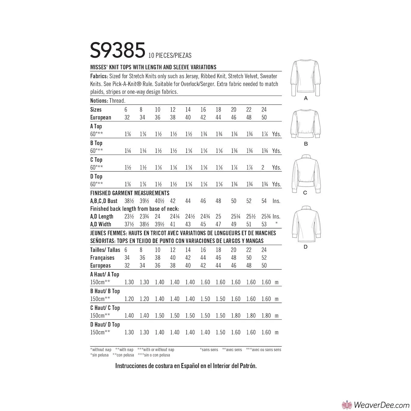 Simplicity Pattern S9385 Misses' Knit Tops with Length & Sleeve Variations