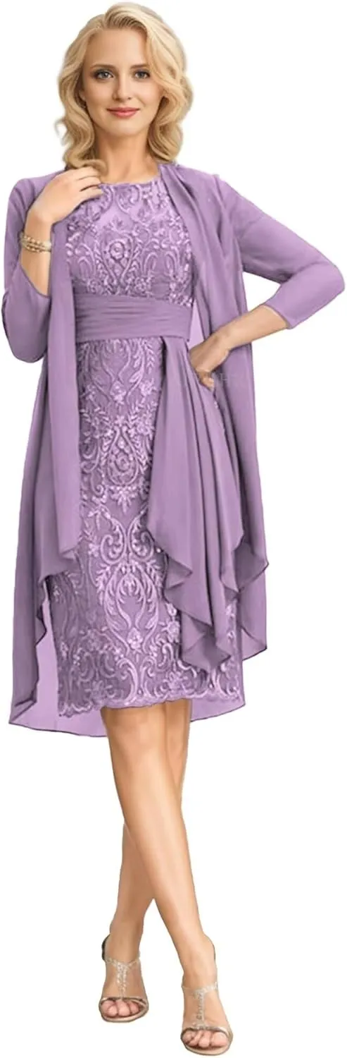 SIPUHK 2 Pieces Mother of The Bride Dresses with Jacket Lace Applique 3/4 Sleeve Bodycon Formal Dress for Women Wedding Guest