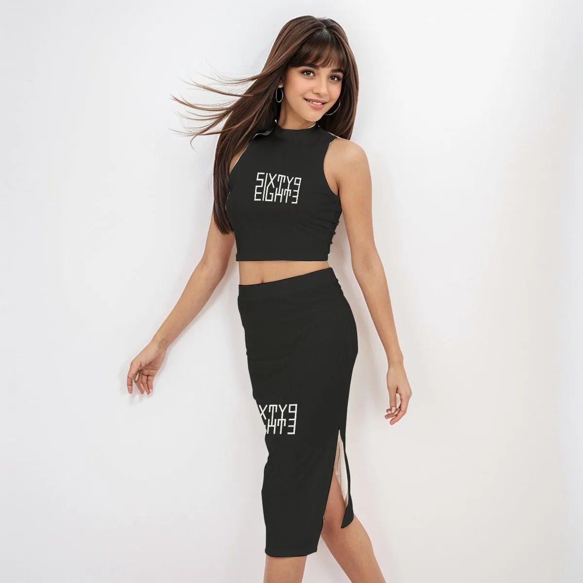 Sixty Eight 93 Logo White Black Women's Tank Top & Split High Skirt Set