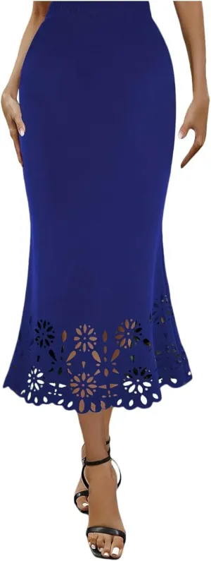 Skirts for Women Midi Length Elastic High Waist Hollow Lace Flower Fishtail Pencil Bodycon Going Out Long Skirt