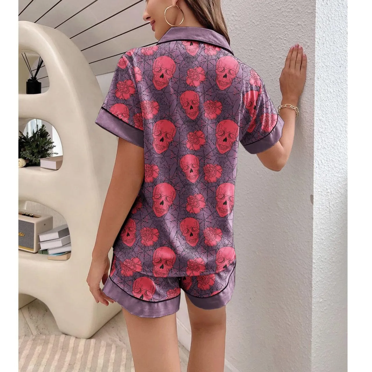 Skull Spiderweb Gothic Sexy Pajama Sets With Short Sleeve