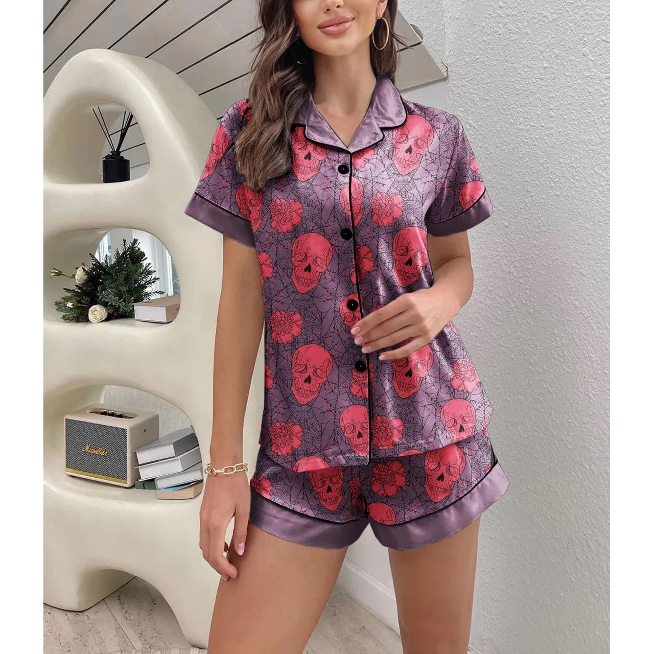 Skull Spiderweb Gothic Sexy Pajama Sets With Short Sleeve