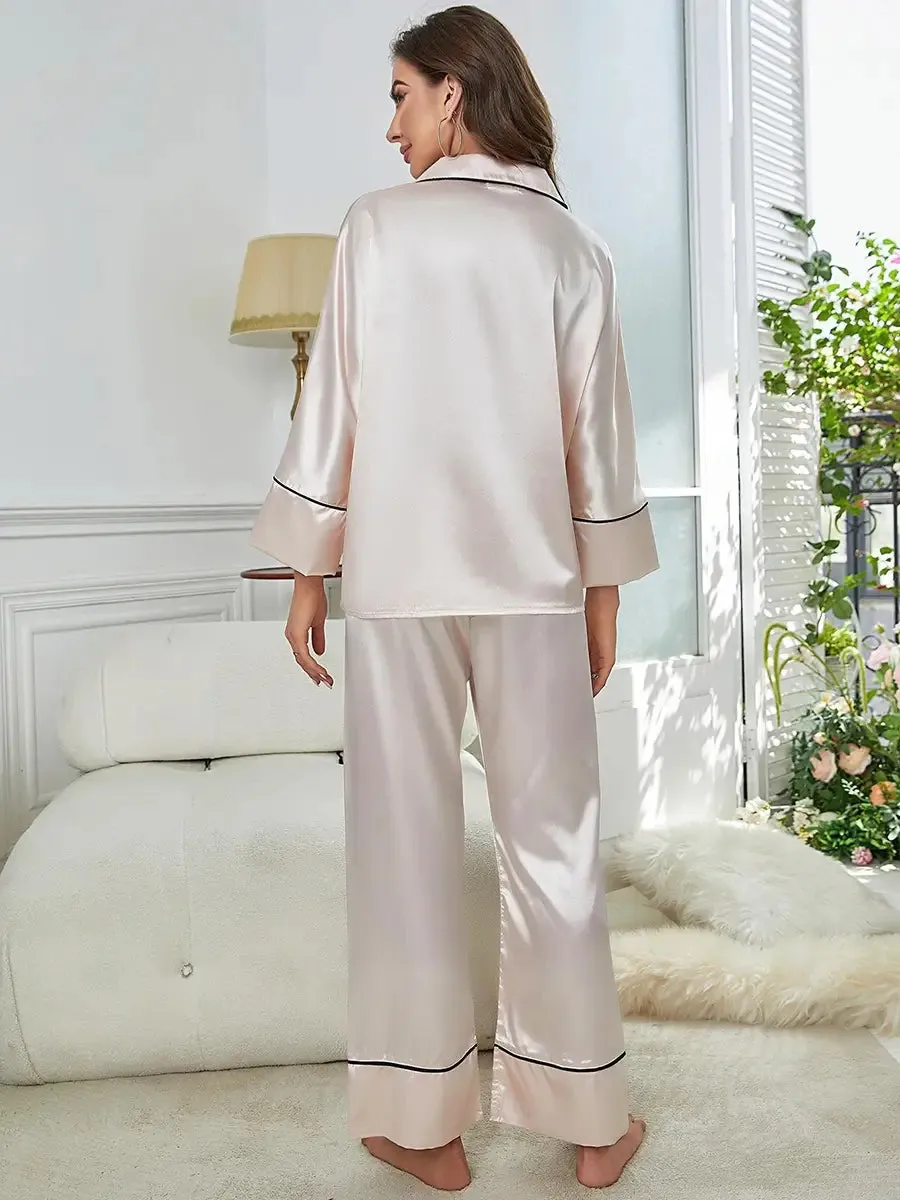 Slessic Classic Smooth Satin Long Sleeve Simple Pajama Set